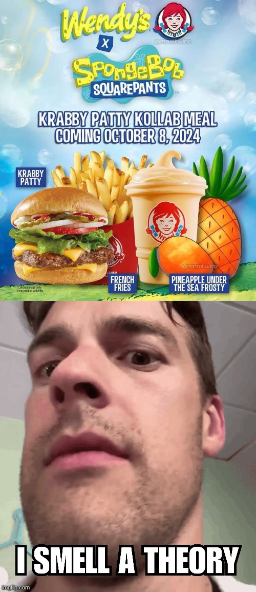 Just one more theory from MatPat | image tagged in matpat,theory,krabby patty,wendy's,spongebob,oh wow are you actually reading these tags | made w/ Imgflip meme maker