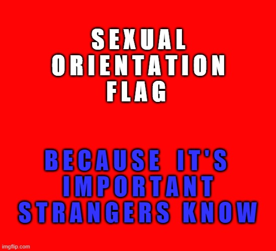 Orientation Flag | S E X U A L
O R I E N T A T I O N
F L A G; B E C A U S E    I T ' S 
I M P O R T A N T
S T R A N G E R S   K N O W | image tagged in mental illness,stolen symbols | made w/ Imgflip meme maker