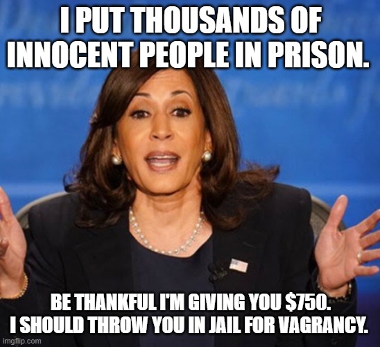 Kamala Harris | I PUT THOUSANDS OF INNOCENT PEOPLE IN PRISON. BE THANKFUL I'M GIVING YOU $750. I SHOULD THROW YOU IN JAIL FOR VAGRANCY. | image tagged in kamala harris | made w/ Imgflip meme maker