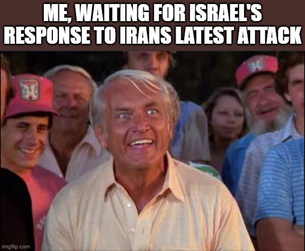 Well we're waiting | ME, WAITING FOR ISRAEL'S RESPONSE TO IRANS LATEST ATTACK | image tagged in well we're waiting,memes | made w/ Imgflip meme maker