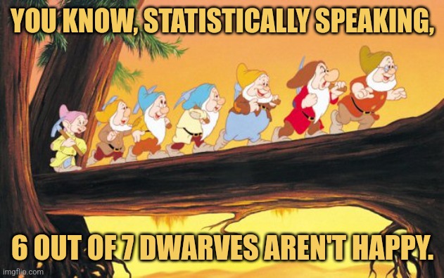 Dwarf Statistics | YOU KNOW, STATISTICALLY SPEAKING, 6 OUT OF 7 DWARVES AREN'T HAPPY. | image tagged in 7 dwarves,snow white,memes | made w/ Imgflip meme maker