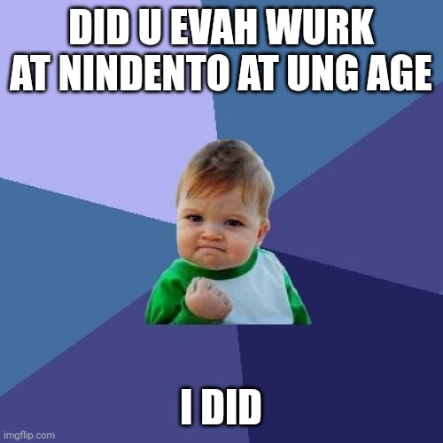 Success Kid | DID U EVAH WURK AT NINDENTO AT UNG AGE; I DID | image tagged in memes,success kid | made w/ Imgflip meme maker