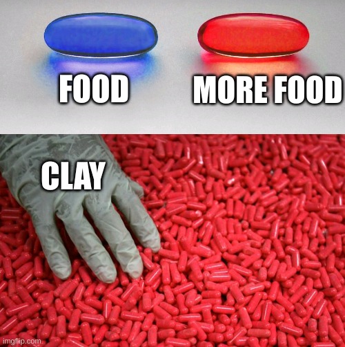 Which one, clay? Clay: "More food!"((Or does he take both and run?)) | FOOD; MORE FOOD; CLAY | image tagged in blue or red pill | made w/ Imgflip meme maker