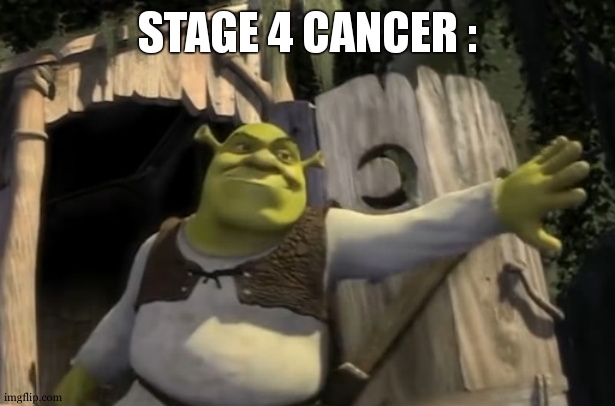 Shrek Opens the Door | STAGE 4 CANCER : | image tagged in shrek opens the door | made w/ Imgflip meme maker