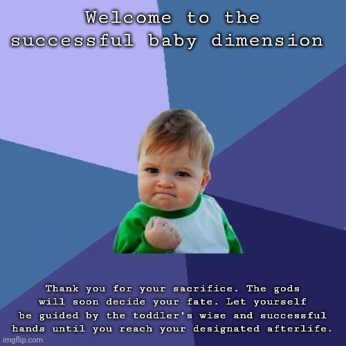 Ascension | Welcome to the successful baby dimension; Thank you for your sacrifice. The gods will soon decide your fate. Let yourself be guided by the toddler's wise and successful hands until you reach your designated afterlife. | image tagged in memes,success kid,afterlife,weird,surreal,shitpost | made w/ Imgflip meme maker