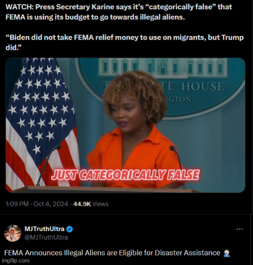 She lies so well... | image tagged in karine,lying about fema | made w/ Imgflip meme maker