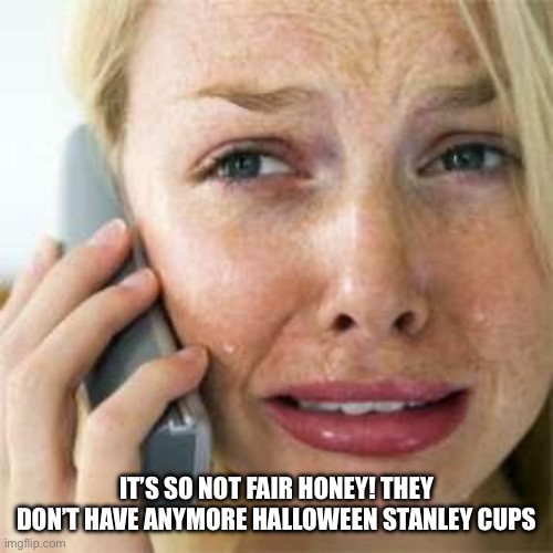 Woman crying on cell | IT’S SO NOT FAIR HONEY! THEY DON’T HAVE ANYMORE HALLOWEEN STANLEY CUPS | image tagged in woman crying on cell | made w/ Imgflip meme maker