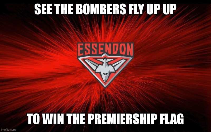 Essendon | SEE THE BOMBERS FLY UP UP; TO WIN THE PREMIERSHIP FLAG | image tagged in essendon | made w/ Imgflip meme maker