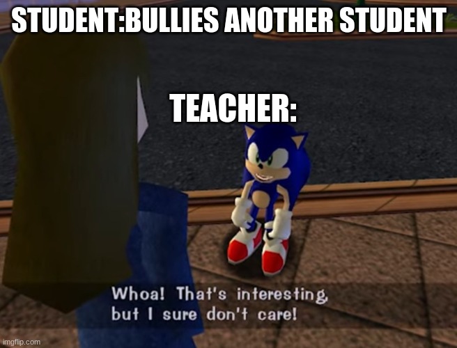 don't care | STUDENT:BULLIES ANOTHER STUDENT; TEACHER: | image tagged in whoa that s interesting but i sure don t care | made w/ Imgflip meme maker