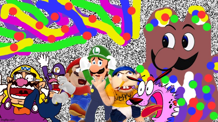 Wario and Friends dies by jeffy and Waluigi accidentally summoning a glitch weegee demon while exploring in the glitch dimension | image tagged in tv static,wario dies,crossover,super mario,courage the cowardly dog,jeffy | made w/ Imgflip meme maker