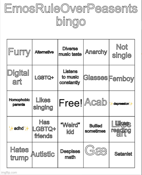 High Quality EmosRuleOverPeasents bingo #2 Blank Meme Template