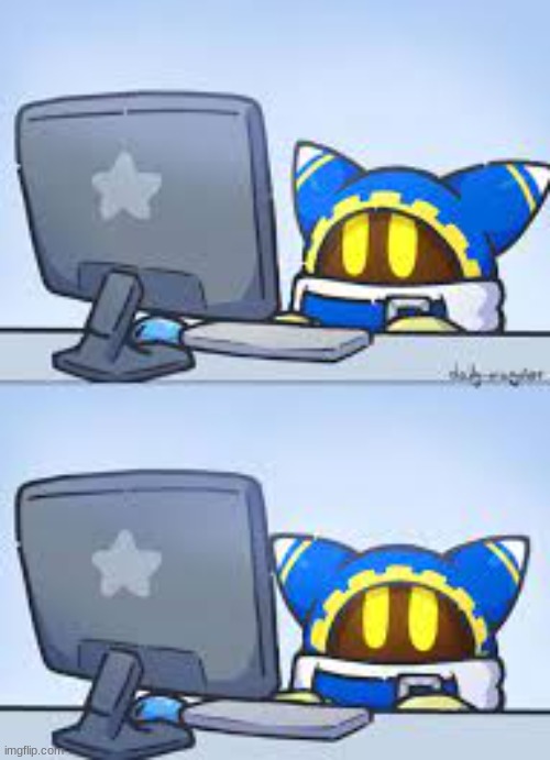 Kirby lore got me like | image tagged in magolor looking at computer | made w/ Imgflip meme maker