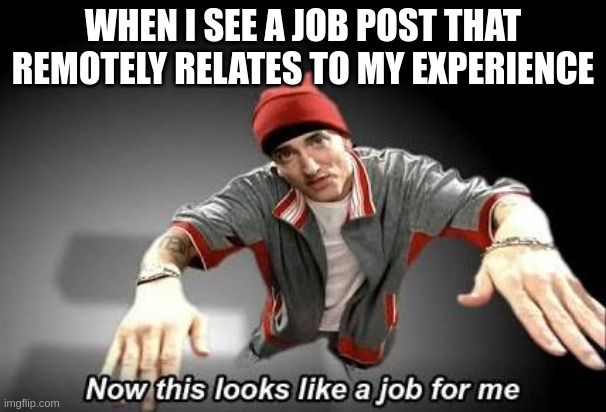 Y'all got some more job openings? | WHEN I SEE A JOB POST THAT REMOTELY RELATES TO MY EXPERIENCE | image tagged in now this looks like a job for me | made w/ Imgflip meme maker