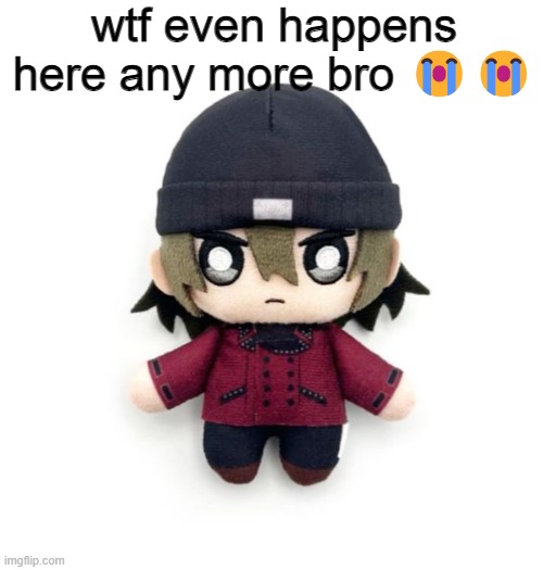 stupid shinjiro plush | wtf even happens here any more bro 😭😭 | image tagged in stupid shinjiro plush | made w/ Imgflip meme maker