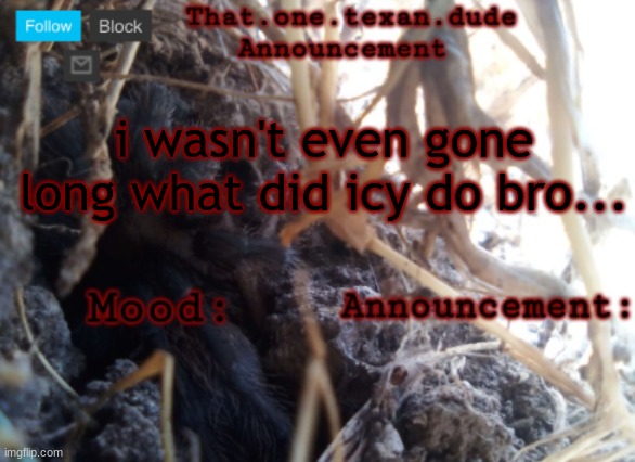 THE that.one.texan.dude announcement template | i wasn't even gone long what did icy do bro... | image tagged in the that one texan dude announcement template | made w/ Imgflip meme maker