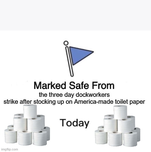 Dockworker's Strike | the three day dockworkers strike after stocking up on America-made toilet paper | image tagged in memes,marked safe from,toilet paper,dockworker's strike | made w/ Imgflip meme maker