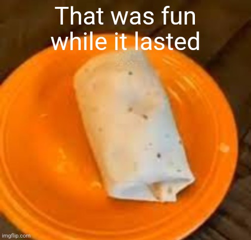 JimmyHere Burrito | That was fun while it lasted | image tagged in jimmyhere burrito | made w/ Imgflip meme maker