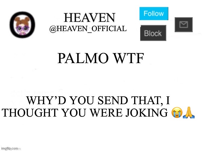 Ain’t no way | PALMO WTF; WHY’D YOU SEND THAT, I THOUGHT YOU WERE JOKING 😭🙏 | image tagged in heaven s template | made w/ Imgflip meme maker