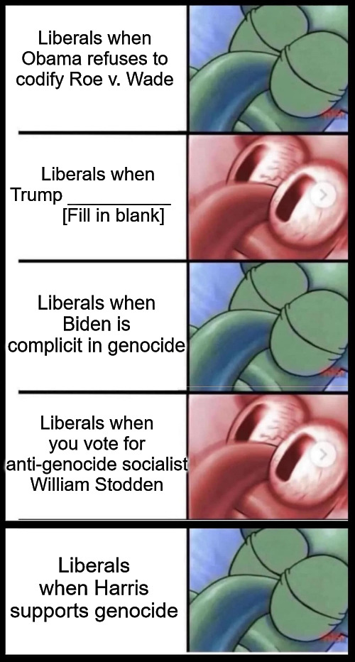 Myopic They Are | Liberals when Obama refuses to codify Roe v. Wade; Liberals when Trump __________          [Fill in blank]; Liberals when Biden is complicit in genocide; Liberals when you vote for anti-genocide socialist
William Stodden; Liberals when Harris supports genocide | image tagged in squidward eyes,barack obama,genocide joe biden,holocaust harris,demexit,william stodden | made w/ Imgflip meme maker