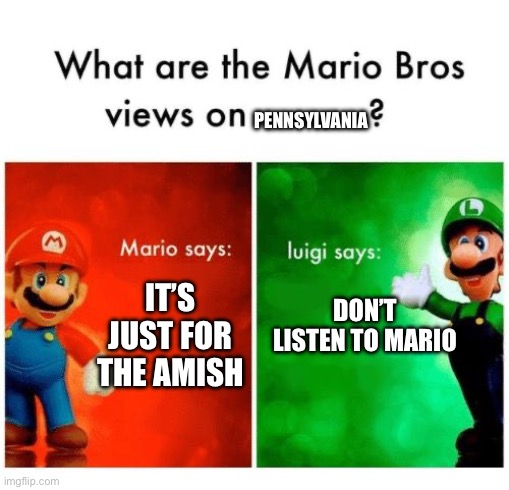 Mario says Luigi says | PENNSYLVANIA; DON’T LISTEN TO MARIO; IT’S JUST FOR THE AMISH | image tagged in mario says luigi says | made w/ Imgflip meme maker