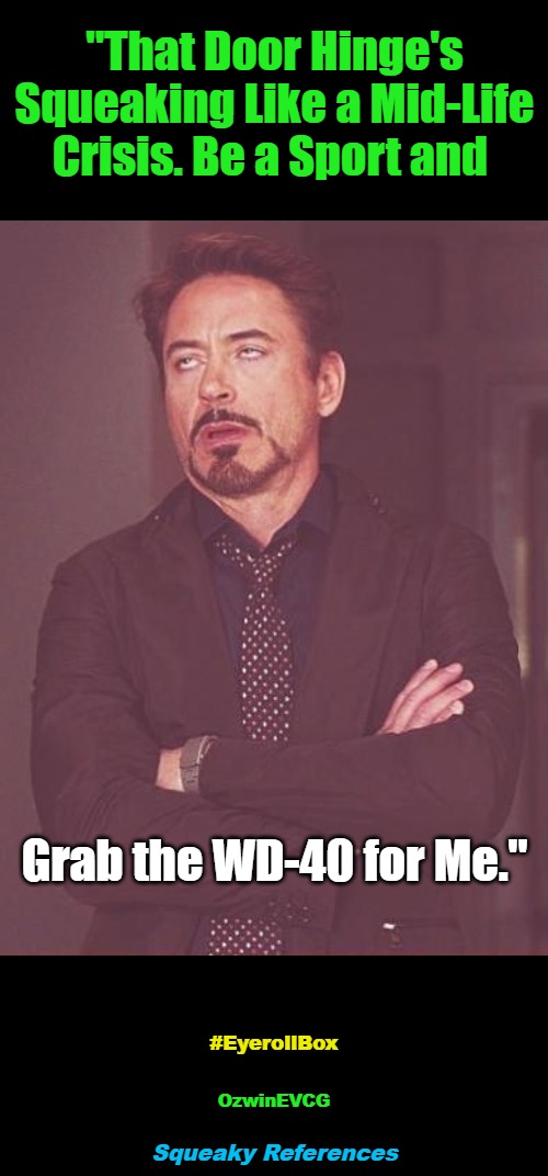 Squeaky References | "That Door Hinge's 

Squeaking Like a Mid-Life 

Crisis. Be a Sport and; Grab the WD-40 for Me."; #EyerollBox; OzwinEVCG; Squeaky References | image tagged in face you make,toolbox,domestic excellence,annoying robert,home improvement,little help here | made w/ Imgflip meme maker