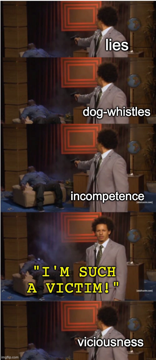 Who killed Hannibal systemic violence | lies "I'M SUCH A VICTIM!" dog-whistles incompetence viciousness | image tagged in who killed hannibal systemic violence | made w/ Imgflip meme maker