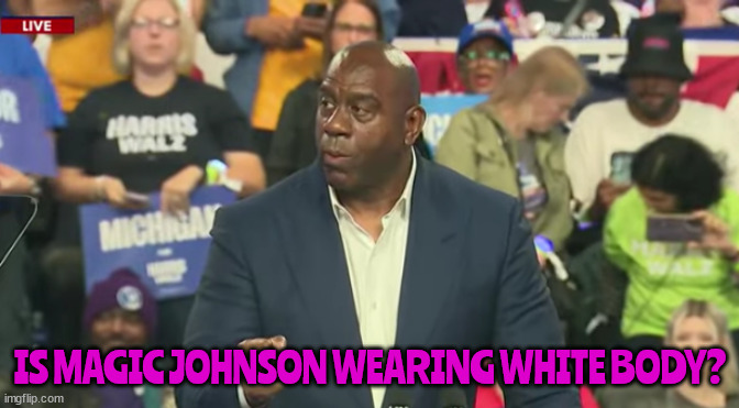 Black face white body? | IS MAGIC JOHNSON WEARING WHITE BODY? | image tagged in black face white body,magic johnson,bleach hot tub,black and white,nba all star,head tan man | made w/ Imgflip meme maker