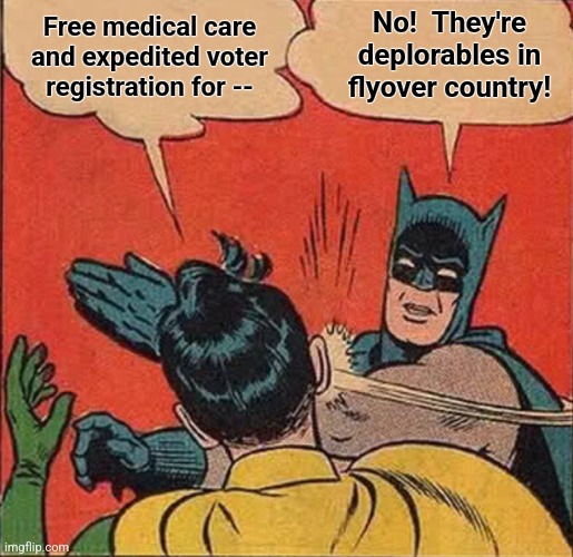 Teaching inquiry | Free medical care and expedited voter registration for -- No!  They're deplorables in flyover country! | image tagged in teaching inquiry | made w/ Imgflip meme maker