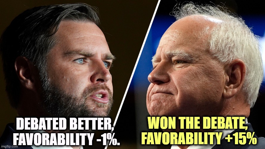 WON THE DEBATE, 
FAVORABILITY +15%; DEBATED BETTER, 
FAVORABILITY -1%. | image tagged in j d vance,smooth,liar,tim walz,honest,winner | made w/ Imgflip meme maker