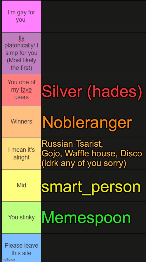 okay it was a bit late but here it is | Silver (hades); Nobleranger; Russian Tsarist, Gojo, Waffle house, Disco (idrk any of you sorry); smart_person; Memespoon | image tagged in neko new tier list | made w/ Imgflip meme maker