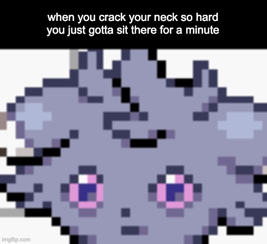 my NECK | when you crack your neck so hard you just gotta sit there for a minute | image tagged in espurr dead inside | made w/ Imgflip meme maker