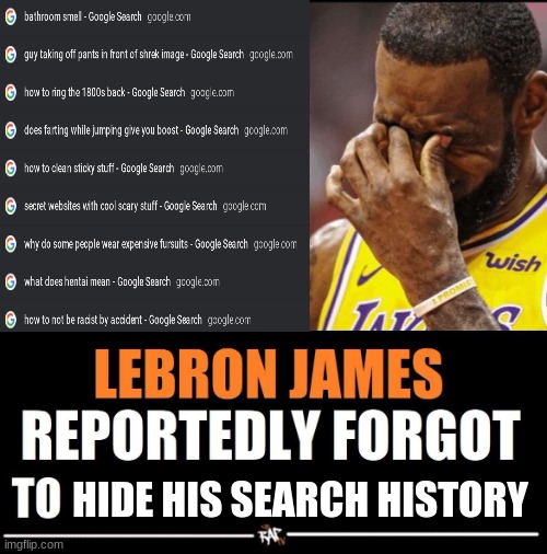 Lebron James Reportedly forgot to | HIDE HIS SEARCH HISTORY | image tagged in lebron james reportedly forgot to | made w/ Imgflip meme maker