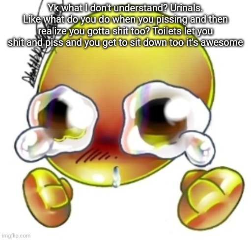 I'm so tired I'm starting to think like a stoned person | Yk what I don't understand? Urinals. Like what do you do when you pissing and then realize you gotta shit too? Toilets let you shit and piss and you get to sit down too it's awesome | image tagged in ggghhhhhghghghhhgh | made w/ Imgflip meme maker