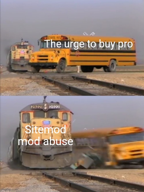 Fun stream ahh meme | The urge to buy pro; Sitemod mod abuse | image tagged in train crashes bus | made w/ Imgflip meme maker