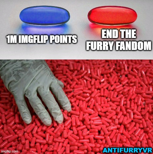 Blue or red pill | 1M IMGFLIP POINTS; END THE FURRY FANDOM; ANTIFURRYVR | image tagged in blue or red pill | made w/ Imgflip meme maker