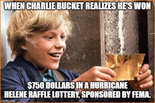 Shove it up your ass FEMA!!!! LOL | WHEN CHARLIE BUCKET REALIZES HE'S WON; $750 DOLLARS IN A HURRICANE HELENE RAFFLE LOTTERY, SPONSORED BY FEMA. | image tagged in the golden ticket,hurricane,north carolina,democrats | made w/ Imgflip meme maker