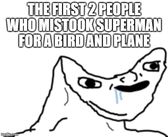 bread title | THE FIRST 2 PEOPLE WHO MISTOOK SUPERMAN FOR A BIRD AND PLANE | image tagged in dumb wojak,funny,memes,dc comics,superman | made w/ Imgflip meme maker