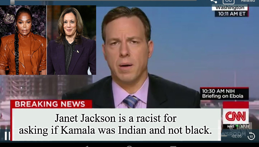 Racist Janet | Janet Jackson is a racist for asking if Kamala was Indian and not black. | image tagged in cnn breaking news template | made w/ Imgflip meme maker