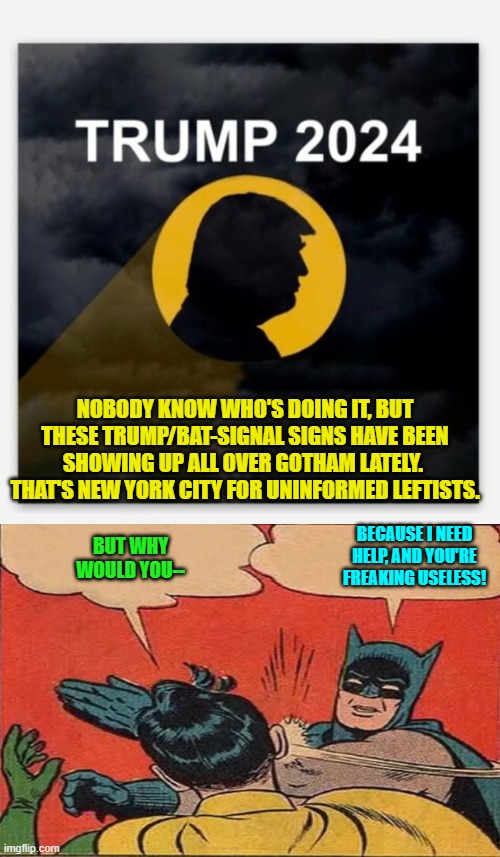 Mystery solved. | NOBODY KNOW WHO'S DOING IT, BUT THESE TRUMP/BAT-SIGNAL SIGNS HAVE BEEN SHOWING UP ALL OVER GOTHAM LATELY.  THAT'S NEW YORK CITY FOR UNINFORMED LEFTISTS. BUT WHY WOULD YOU--; BECAUSE I NEED HELP, AND YOU'RE FREAKING USELESS! | image tagged in yep | made w/ Imgflip meme maker