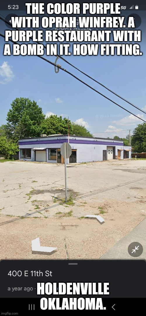 Bombs | THE COLOR PURPLE WITH OPRAH WINFREY. A PURPLE RESTAURANT WITH A BOMB IN IT. HOW FITTING. HOLDENVILLE OKLAHOMA. | image tagged in atomic bomb | made w/ Imgflip meme maker