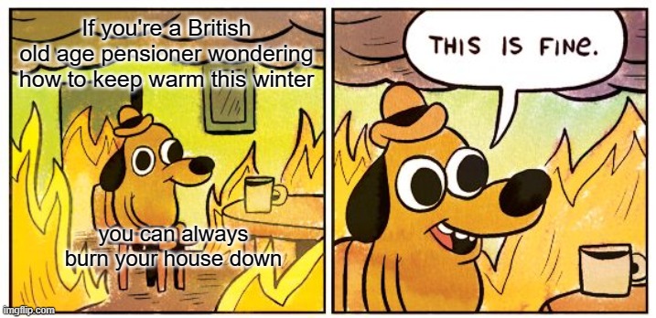 This Is Fine Meme | If you're a British old age pensioner wondering how to keep warm this winter; you can always burn your house down | image tagged in memes,this is fine | made w/ Imgflip meme maker