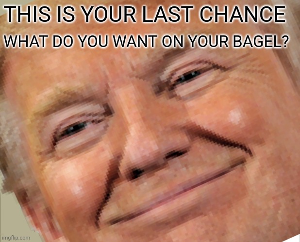 Bagel | THIS IS YOUR LAST CHANCE; WHAT DO YOU WANT ON YOUR BAGEL? | image tagged in bagel,on your bagel | made w/ Imgflip meme maker