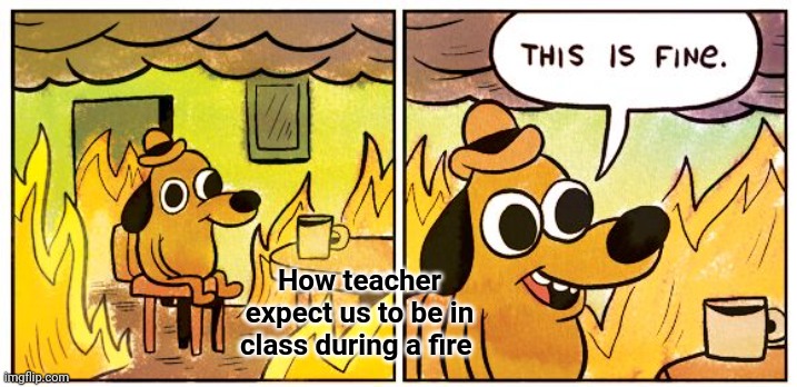 This Is Fine | How teacher expect us to be in class during a fire | image tagged in memes,this is fine,lol,funny | made w/ Imgflip meme maker