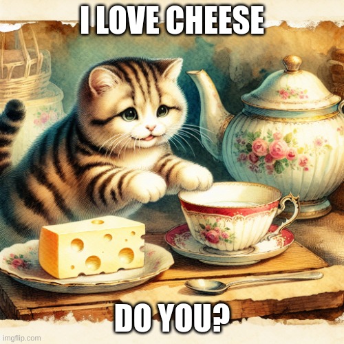 cat with a cup of cheese | I LOVE CHEESE; DO YOU? | image tagged in cat with a cup of cheese | made w/ Imgflip meme maker