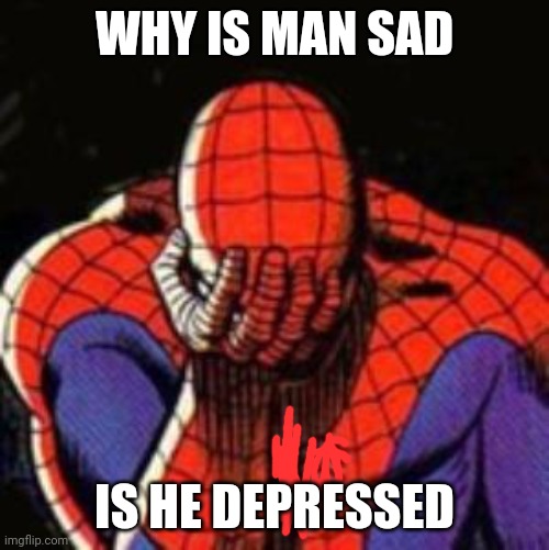 Sad Spiderman Meme | WHY IS MAN SAD IS HE DEPRESSED | image tagged in memes,sad spiderman,spiderman | made w/ Imgflip meme maker