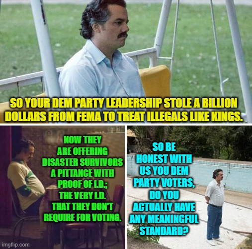 Well . . . do you?  You certainly don't hold your leadership to any. | SO YOUR DEM PARTY LEADERSHIP STOLE A BILLION DOLLARS FROM FEMA TO TREAT ILLEGALS LIKE KINGS. SO BE HONEST WITH US YOU DEM PARTY VOTERS, DO YOU ACTUALLY HAVE ANY MEANINGFUL STANDARD? NOW THEY ARE OFFERING DISASTER SURVIVORS A PITTANCE WITH PROOF OF I.D.; THE VERY I.D. THAT THEY DON'T REQUIRE FOR VOTING. | image tagged in yep | made w/ Imgflip meme maker