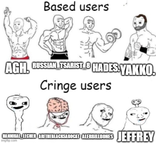 My based users v.s cringe users | RUSSIAN_TSARIST_8; HADES. AGH. YAKKO. ARITHEBLACKSABOCAT; ALERBILLBONES; JEFFREY; HANNIBAL_LECHER | image tagged in based users v s cringe users,memes,based,cringe | made w/ Imgflip meme maker