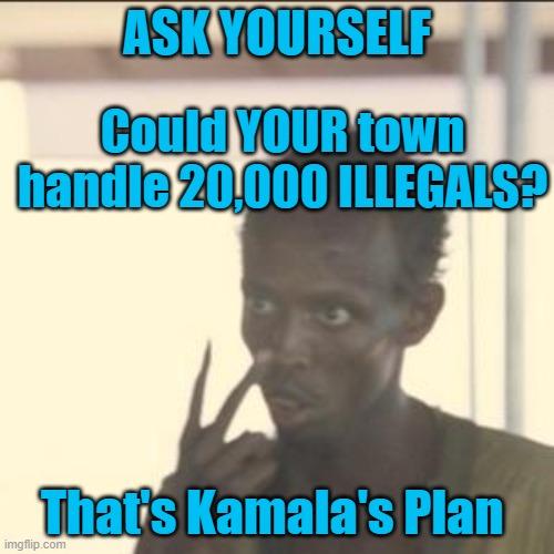 Could your town or city handle 20,000 illegals? | ASK YOURSELF; Could YOUR town handle 20,000 ILLEGALS? That's Kamala's Plan | image tagged in look at me,kamala harris,illegal immigration | made w/ Imgflip meme maker