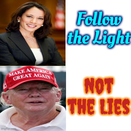 Follow The Light * Not The Lies | Follow the Light; Not the Lies | image tagged in memes,drake hotline bling,donald trump is a convicted rapist,president harris,trump lies,lock him up | made w/ Imgflip meme maker