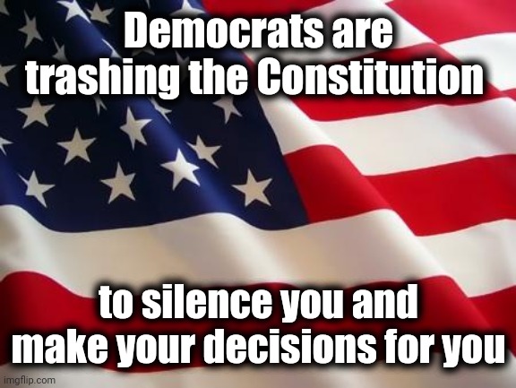American flag | Democrats are trashing the Constitution to silence you and make your decisions for you | image tagged in american flag | made w/ Imgflip meme maker